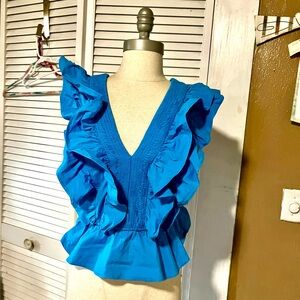 Blue Ruffle V-Neck Women's Top